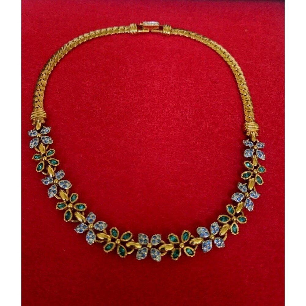 Swarovski Signed Blue Teal Crystal Quatrefoil Flower Gold Plated Necklace Estate - Picture 11 of 15